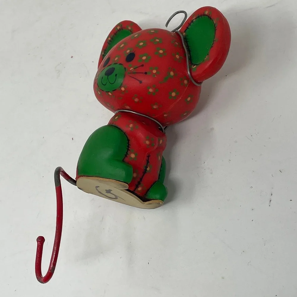 Vintage Mouse Christmas Ornament Red Green Floral Pattern Retro Whimsical Decor